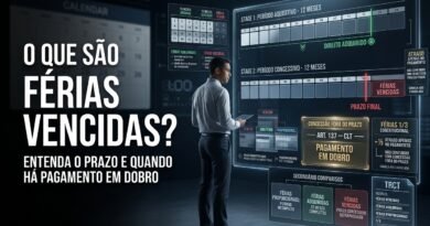 Representação hiper-realista de férias vencidas mostrando período aquisitivo, período concessivo, calendário ultrapassado, adicional de um terço e pagamento em dobro quando a concessão ocorre fora do prazo.