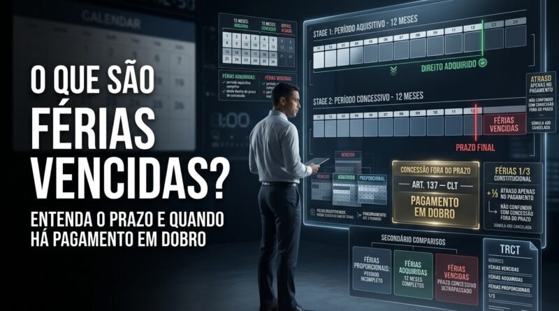Representação hiper-realista de férias vencidas mostrando período aquisitivo, período concessivo, calendário ultrapassado, adicional de um terço e pagamento em dobro quando a concessão ocorre fora do prazo.