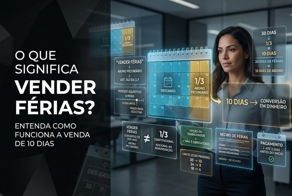 Imagem hiper-realista explicando o que significa vender férias, com calendário de 30 dias dividido entre 20 dias de descanso e 10 dias convertidos em abono pecuniário.