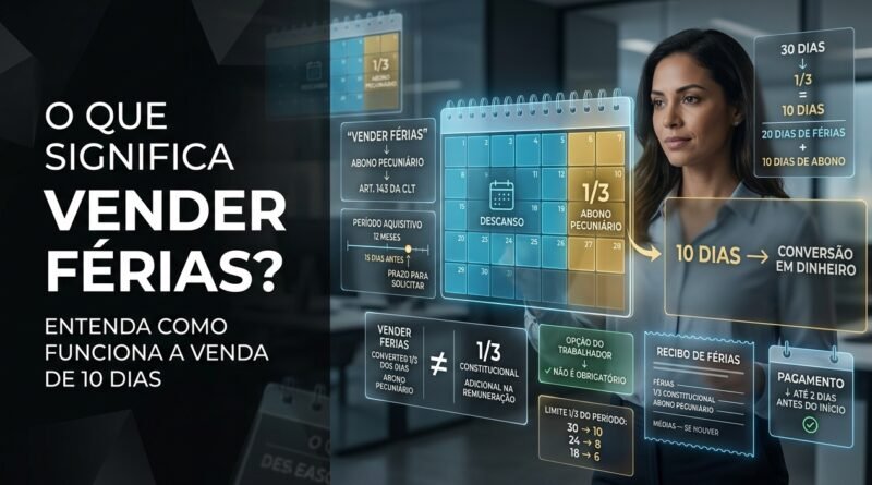 Imagem hiper-realista explicando o que significa vender férias, com calendário de 30 dias dividido entre 20 dias de descanso e 10 dias convertidos em abono pecuniário.