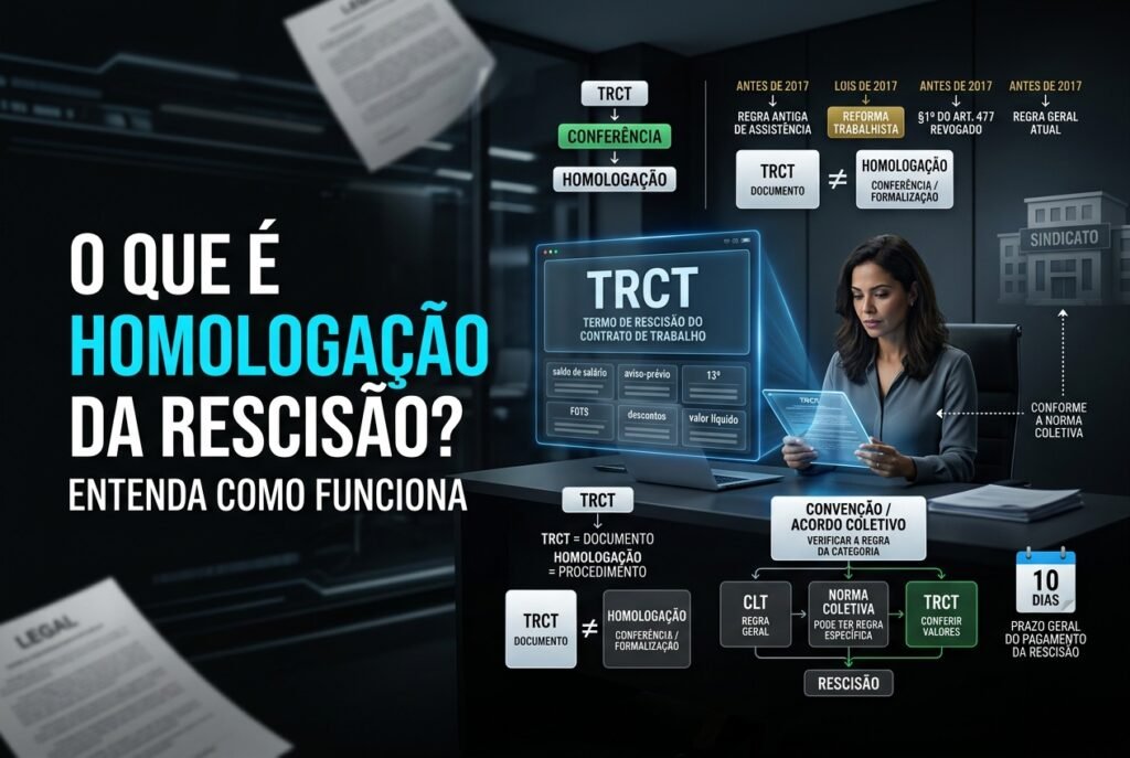 Homologação da rescisão trabalhista com trabalhador conferindo TRCT e verbas rescisórias em ambiente corporativo, com destaque para sindicato e Reforma Trabalhista.