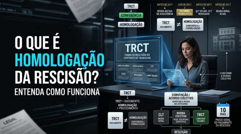 Homologação da rescisão trabalhista com trabalhador conferindo TRCT e verbas rescisórias em ambiente corporativo, com destaque para sindicato e Reforma Trabalhista.
