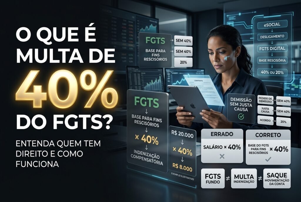 Multa de 40% do FGTS em demissão sem justa causa, mostrando trabalhador, conta vinculada, base para fins rescisórios e cálculo da indenização compensatória.
