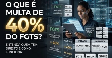 Multa de 40% do FGTS em demissão sem justa causa, mostrando trabalhador, conta vinculada, base para fins rescisórios e cálculo da indenização compensatória.