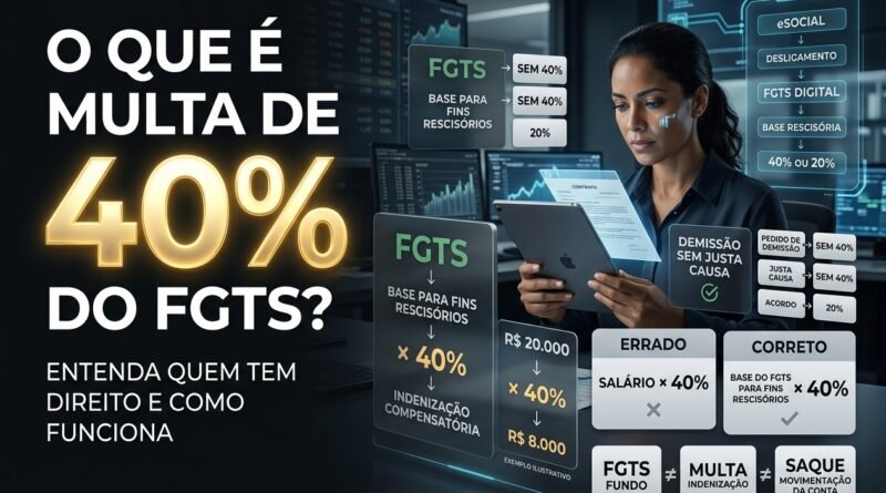 Multa de 40% do FGTS em demissão sem justa causa, mostrando trabalhador, conta vinculada, base para fins rescisórios e cálculo da indenização compensatória.