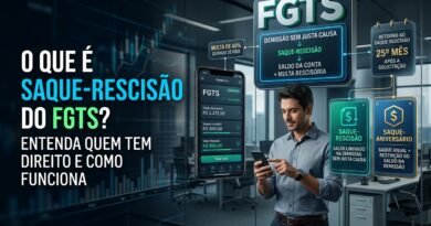 Saque-rescisão do FGTS explicado com trabalhador consultando saldo no aplicativo, comparação com saque-aniversário e destaque para liberação do fundo na demissão sem justa causa.