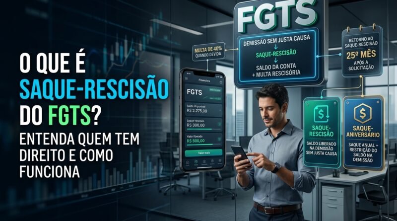 Saque-rescisão do FGTS explicado com trabalhador consultando saldo no aplicativo, comparação com saque-aniversário e destaque para liberação do fundo na demissão sem justa causa.